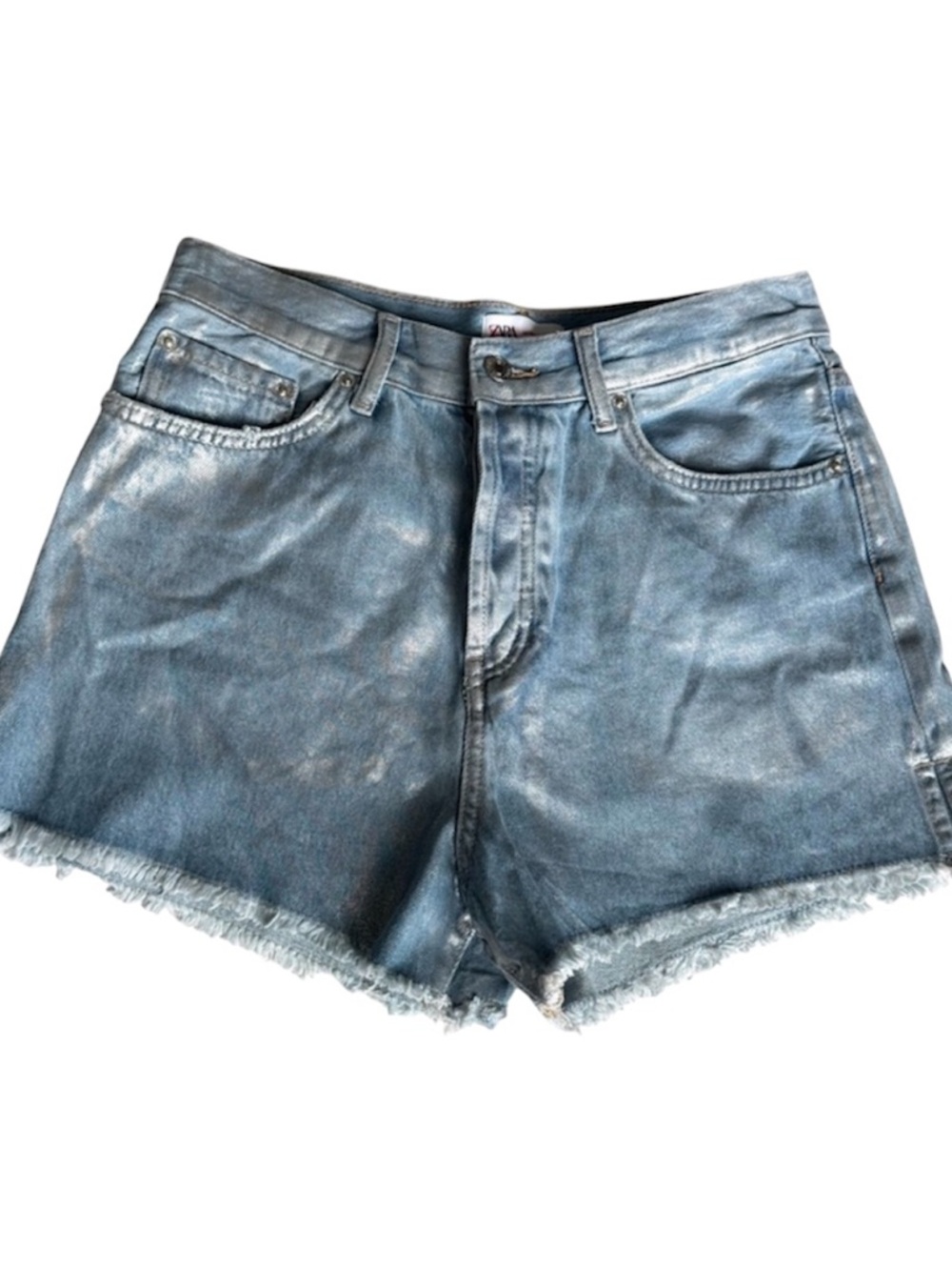 Zara Micro Denim Shorts 10 Blue Silver Metallic High Rise Light Wash Raw Hem